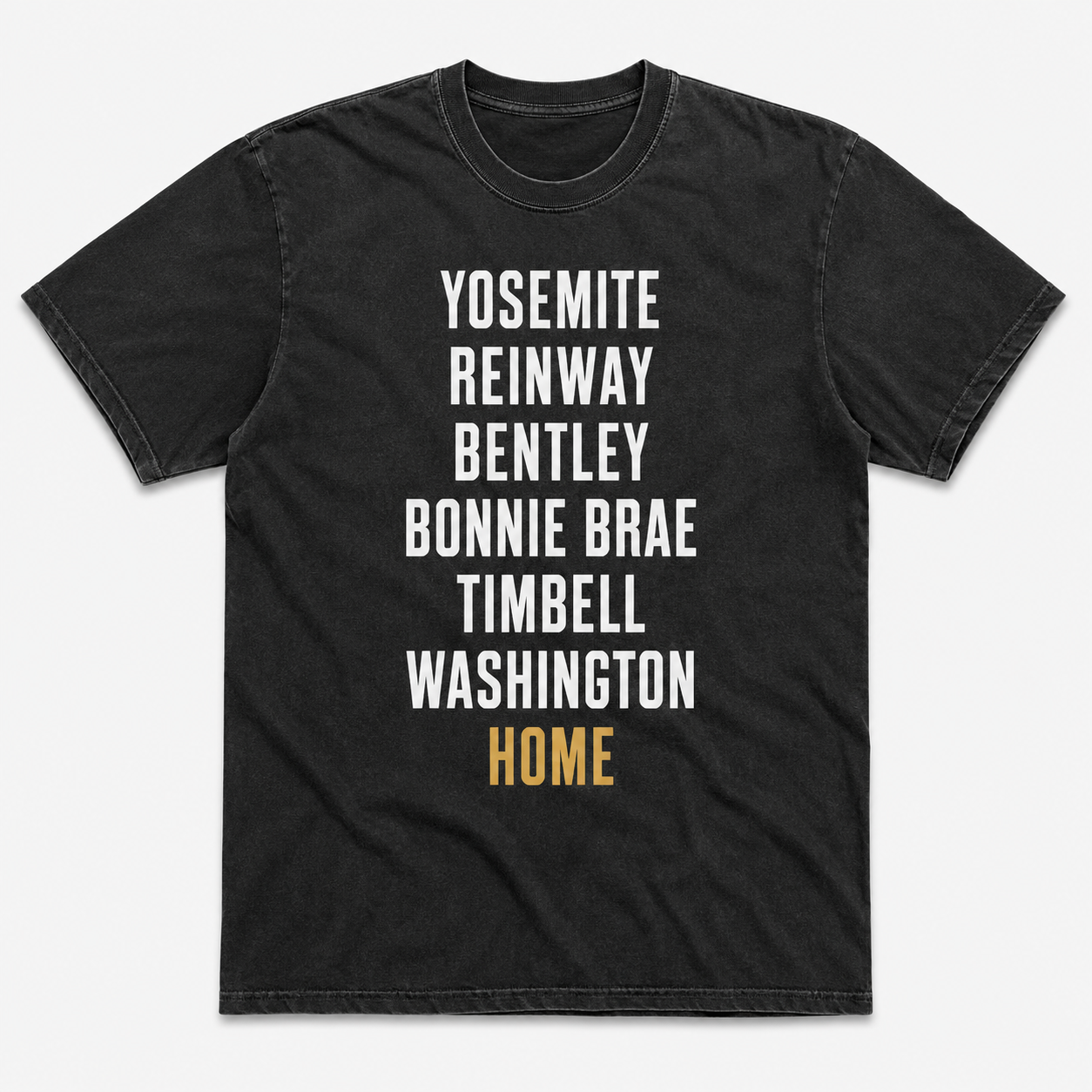 Washed charcoal Waterford Street T-shirt with street names and HOME lettering